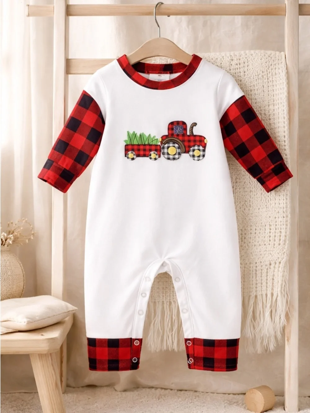 NWT Boys Christmas Romper Buffalo Plaid Tractor Ragland Sleeves - Size 0-3 month
